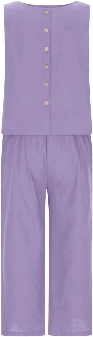HGps8w Linen 2 Piece Sets for Women Summer 2025 Loose Crop Tank Top Loungewear Matching Wide Leg Pants Travel Outfits