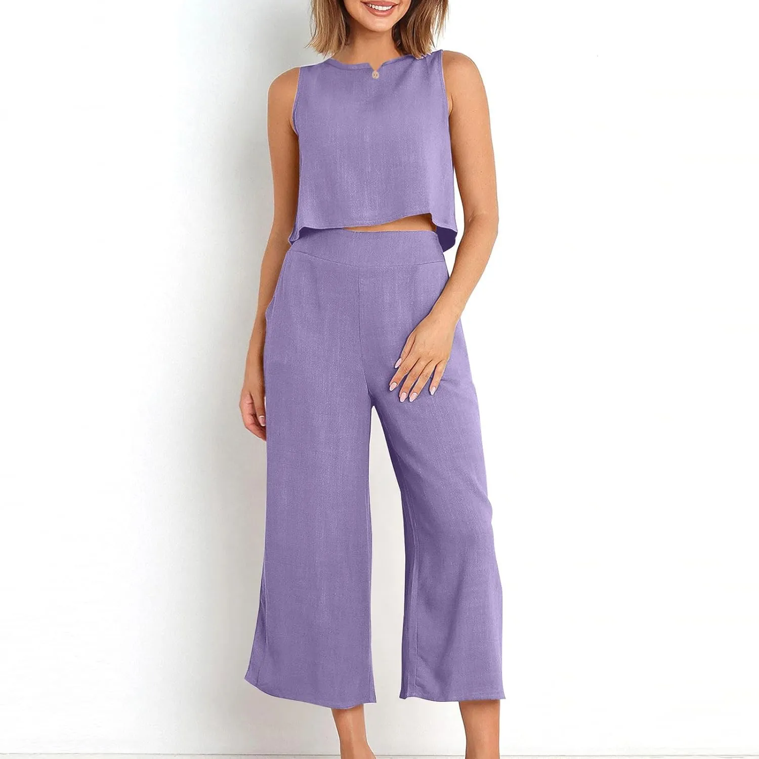 HGps8w Linen 2 Piece Sets for Women Summer 2025 Loose Crop Tank Top Loungewear Matching Wide Leg Pants Travel Outfits