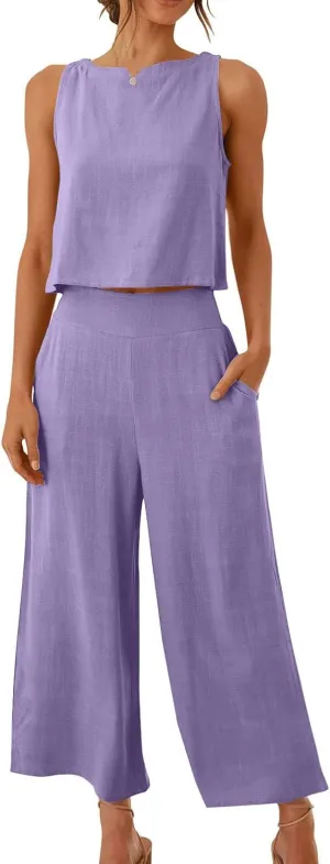 HGps8w Linen 2 Piece Sets for Women Summer 2025 Loose Crop Tank Top Loungewear Matching Wide Leg Pants Travel Outfits