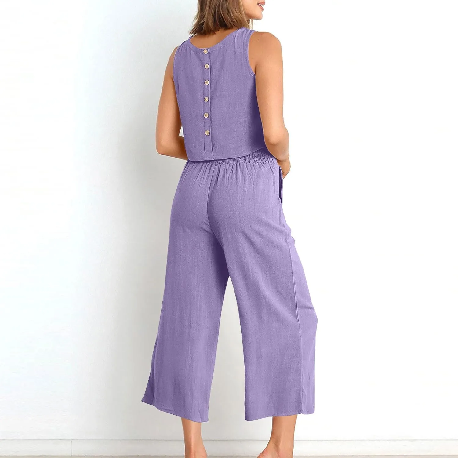 HGps8w Linen 2 Piece Sets for Women Summer 2025 Loose Crop Tank Top Loungewear Matching Wide Leg Pants Travel Outfits