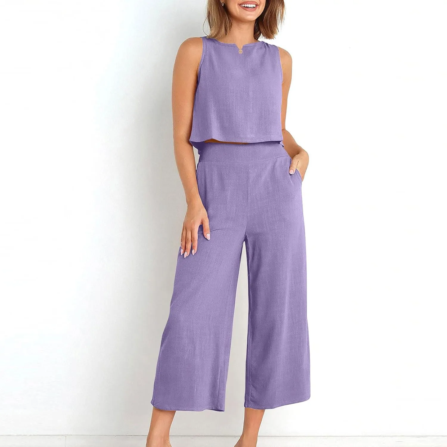 HGps8w Linen 2 Piece Sets for Women Summer 2025 Loose Crop Tank Top Loungewear Matching Wide Leg Pants Travel Outfits