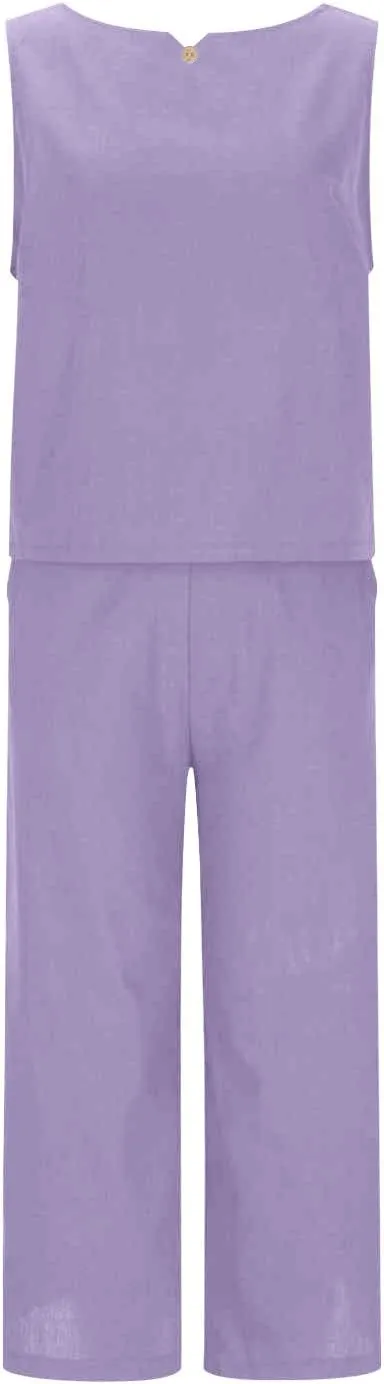 HGps8w Linen 2 Piece Sets for Women Summer 2025 Loose Crop Tank Top Loungewear Matching Wide Leg Pants Travel Outfits