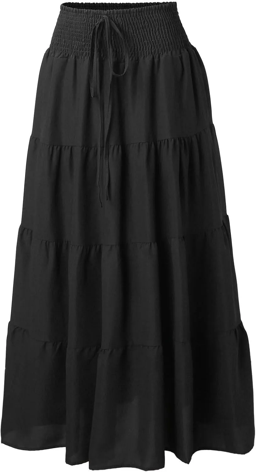 High Waisted Maxi Skirts for Women Trendy Smocked Ruffled Tiered Flowy Linen Skirt Summer Casual Boho Long Skorts