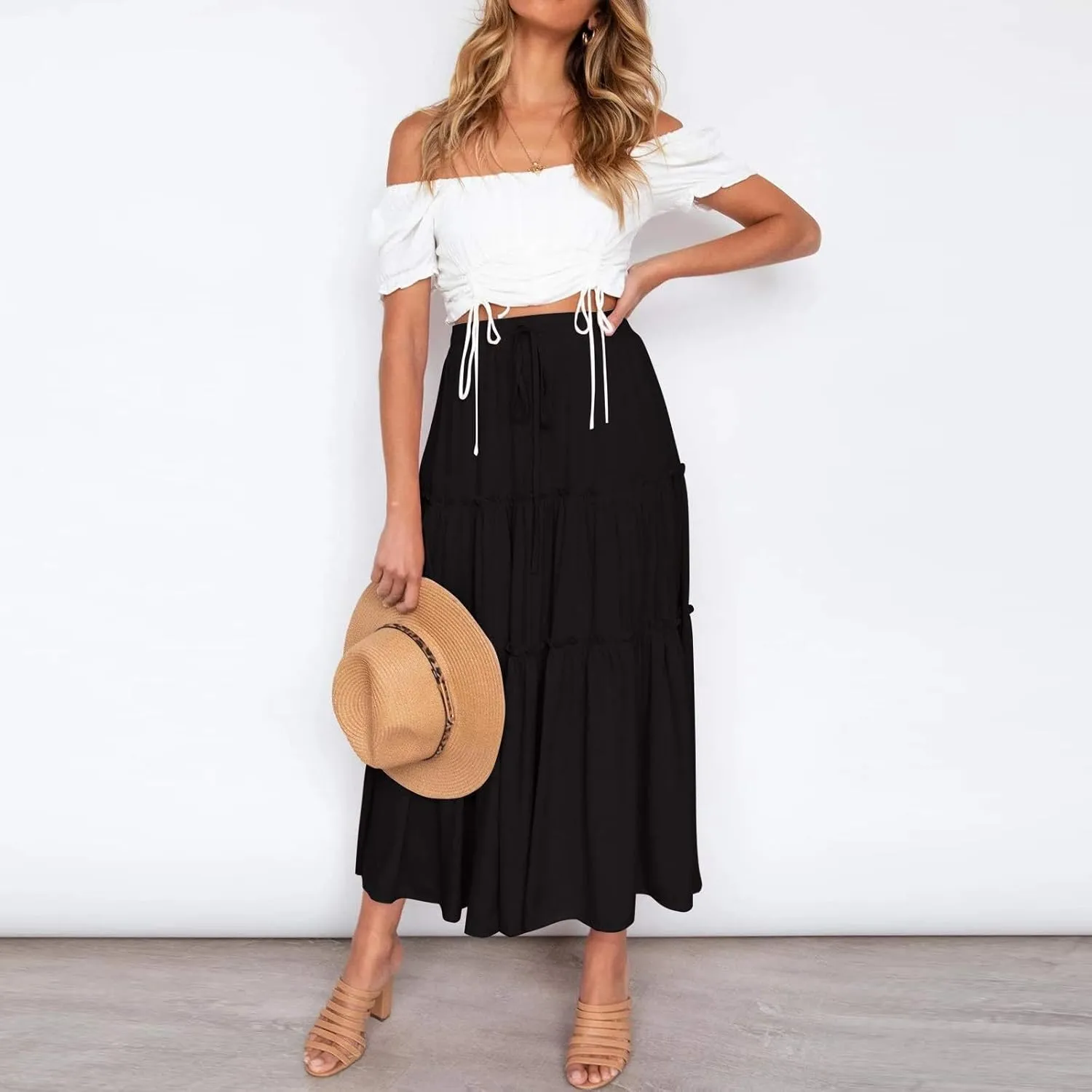 High Waisted Maxi Skirts for Women Trendy Smocked Ruffled Tiered Flowy Linen Skirt Summer Casual Boho Long Skorts