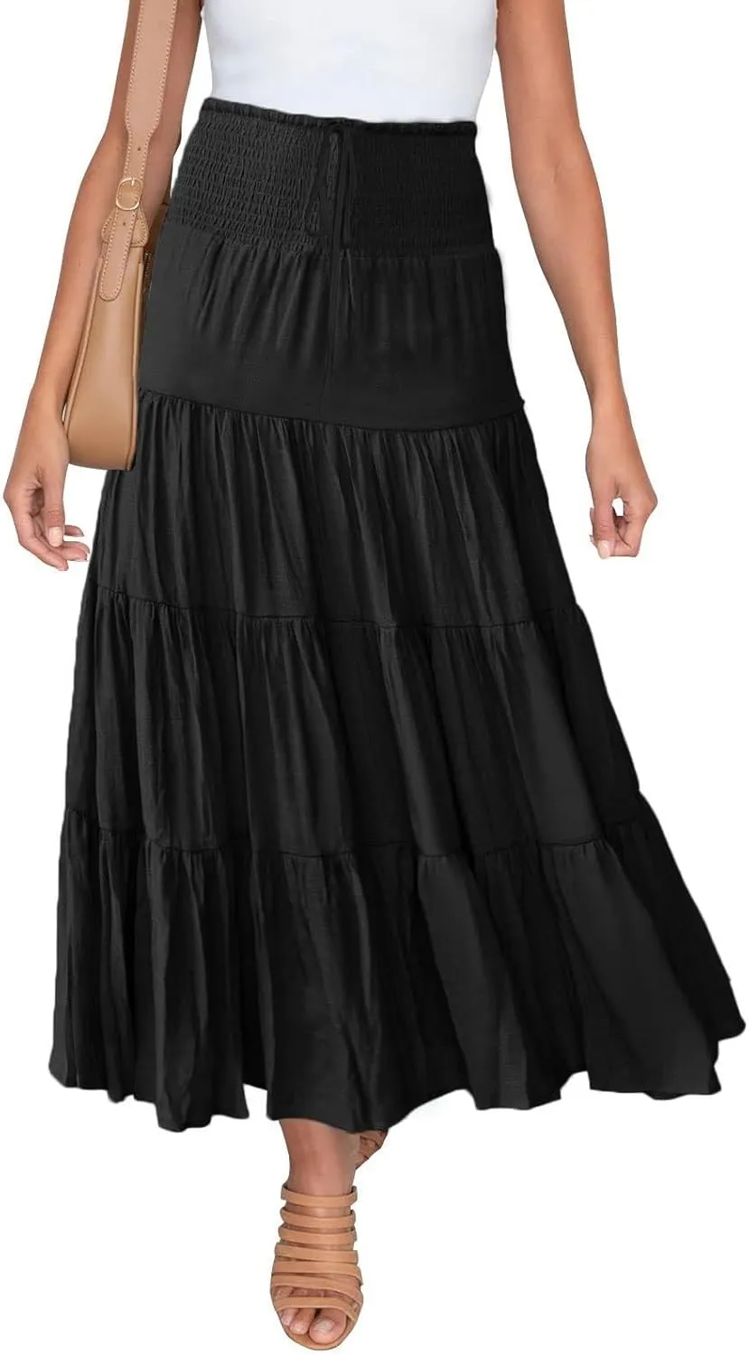 High Waisted Maxi Skirts for Women Trendy Smocked Ruffled Tiered Flowy Linen Skirt Summer Casual Boho Long Skorts