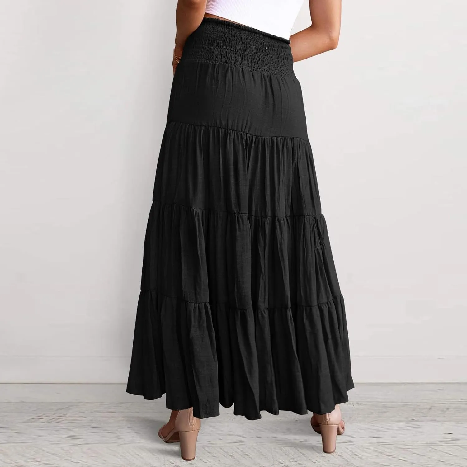 High Waisted Maxi Skirts for Women Trendy Smocked Ruffled Tiered Flowy Linen Skirt Summer Casual Boho Long Skorts