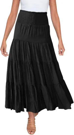 High Waisted Maxi Skirts for Women Trendy Smocked Ruffled Tiered Flowy Linen Skirt Summer Casual Boho Long Skorts