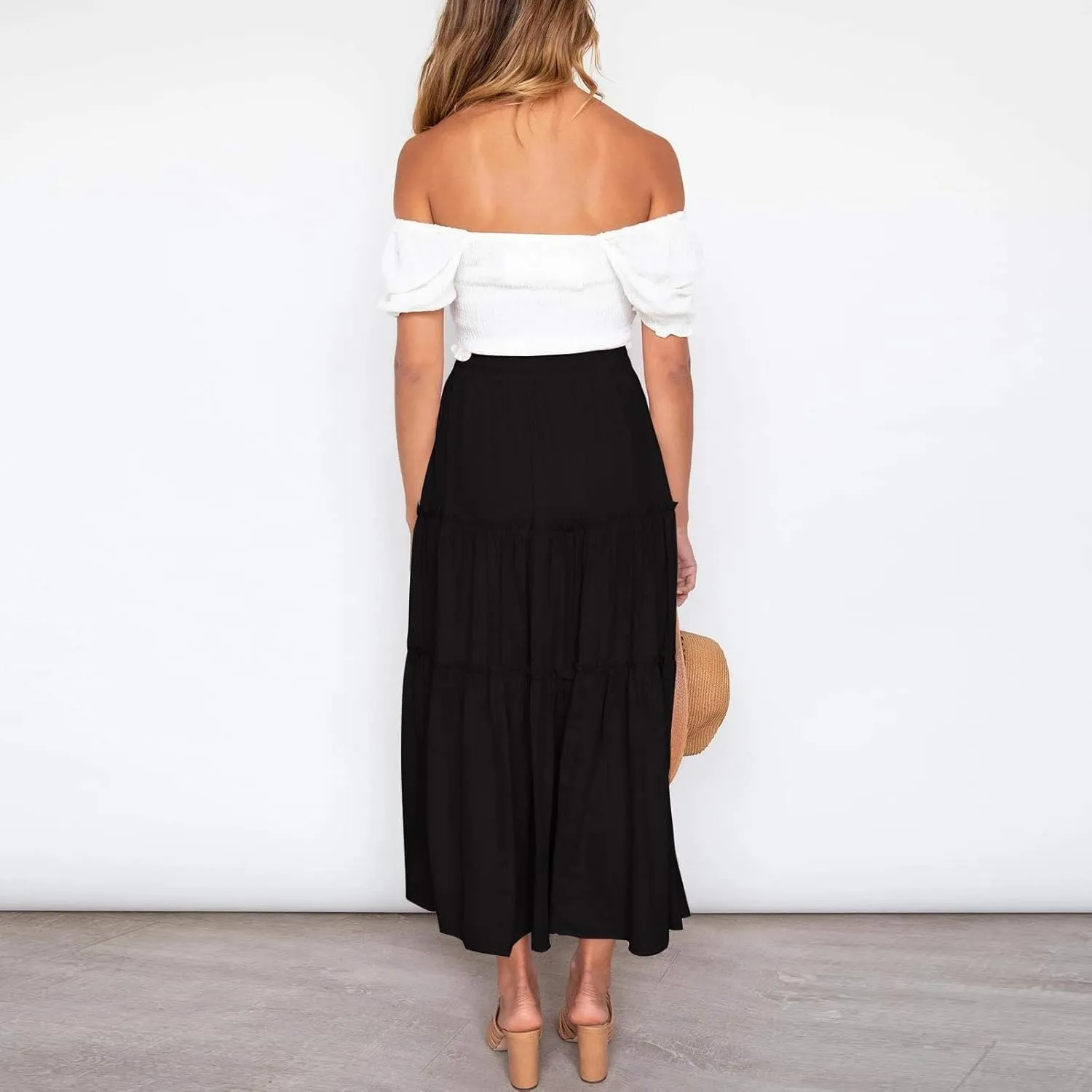 High Waisted Maxi Skirts for Women Trendy Smocked Ruffled Tiered Flowy Linen Skirt Summer Casual Boho Long Skorts