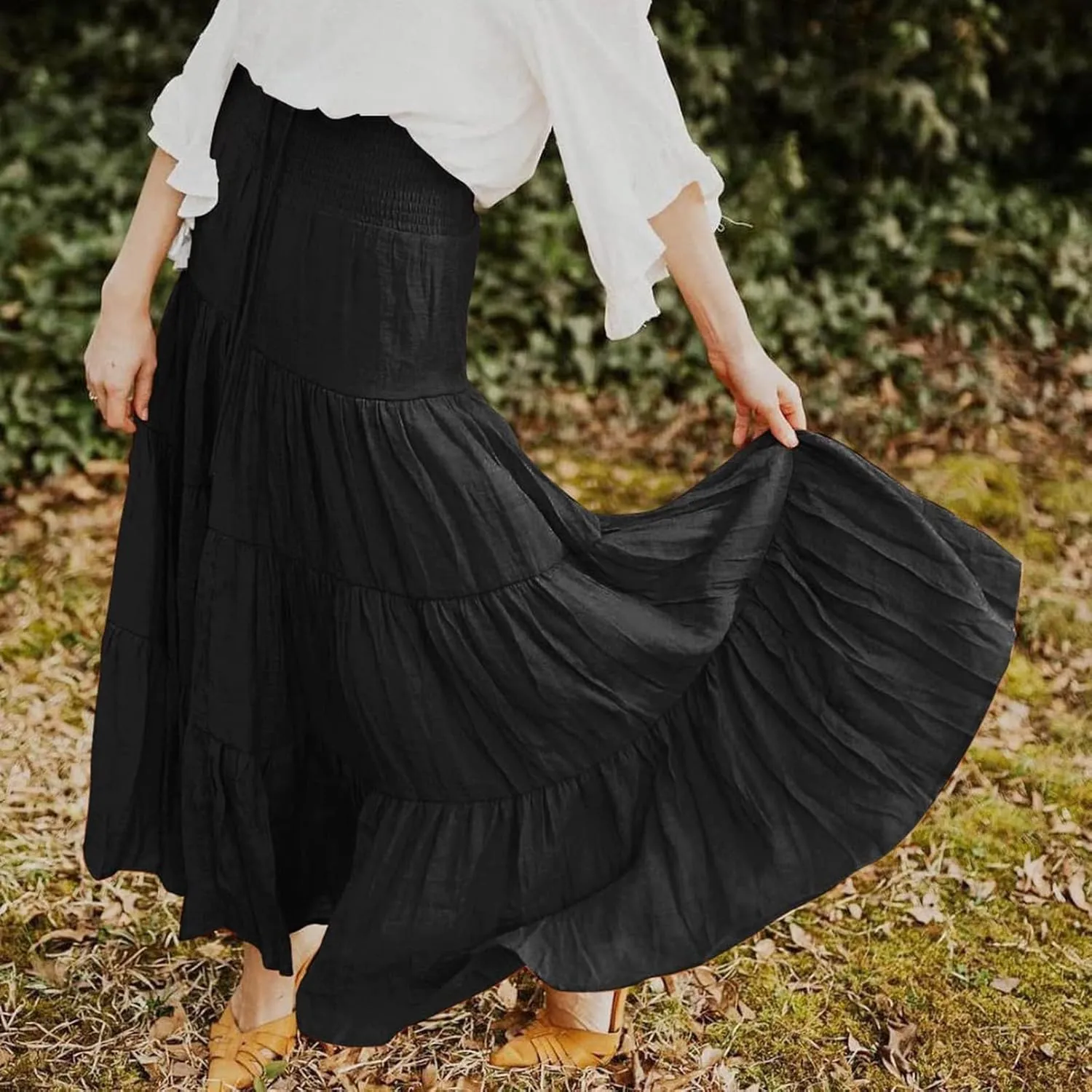 High Waisted Maxi Skirts for Women Trendy Smocked Ruffled Tiered Flowy Linen Skirt Summer Casual Boho Long Skorts