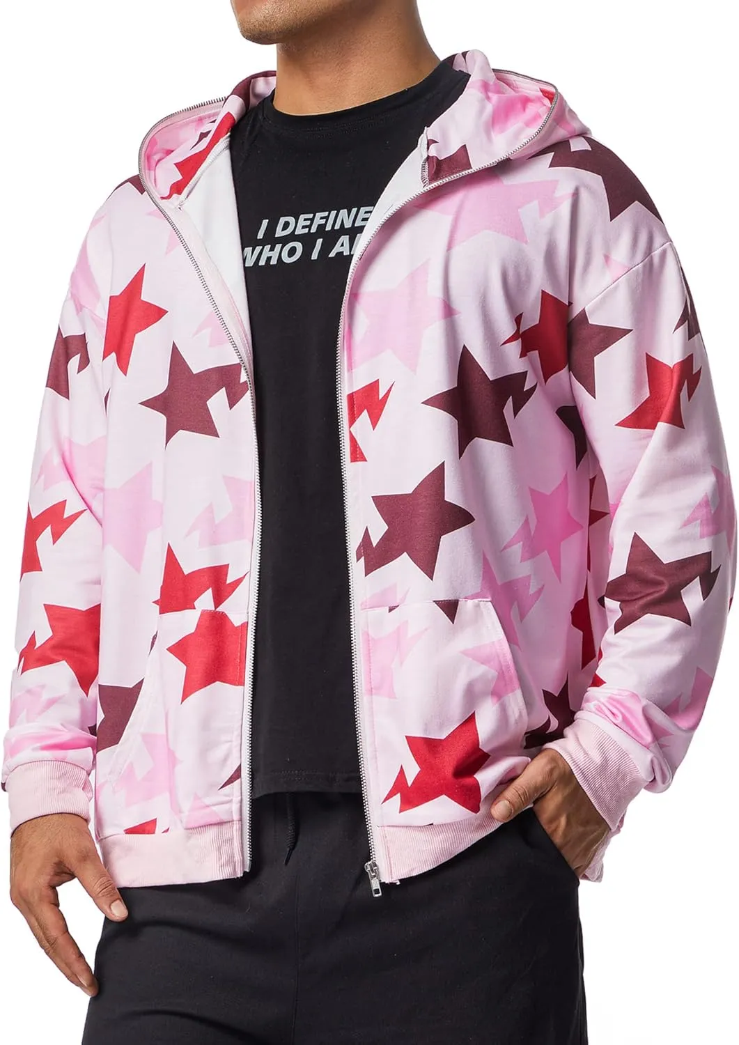 Hoodie Sweatshirt for Men Full Zip Up Oversized Star Print Graphic Hooded Jacket