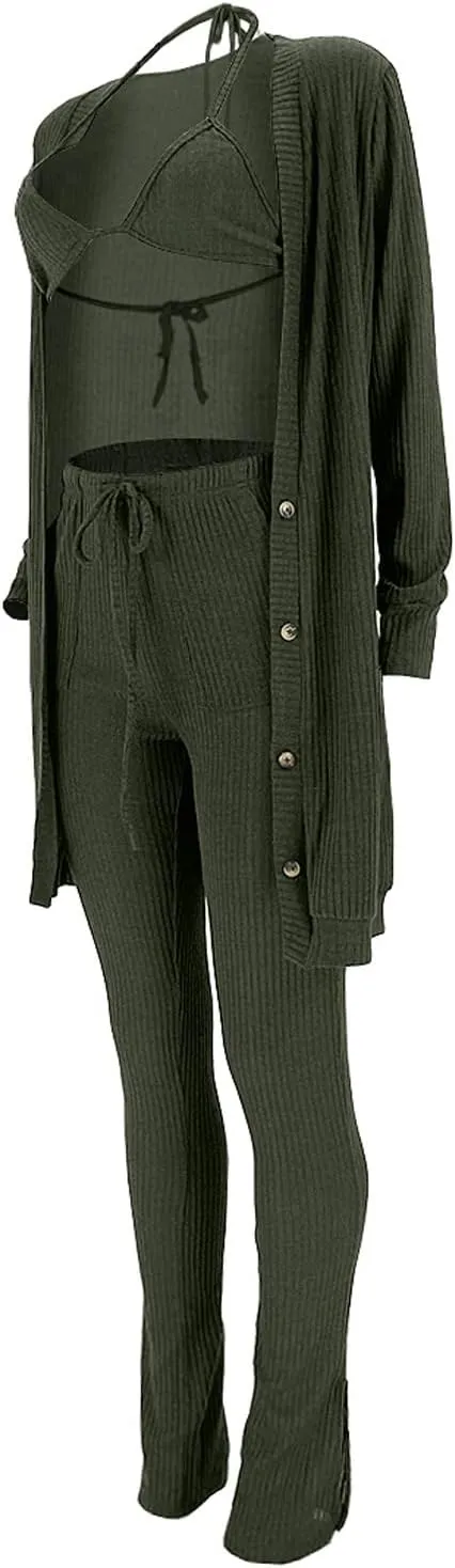 imbpceu Women's Sexy 3 Piece Outfits Button Front Cardigan Triangle Bra Drawstring Split Hem Pants Sets With Pocket