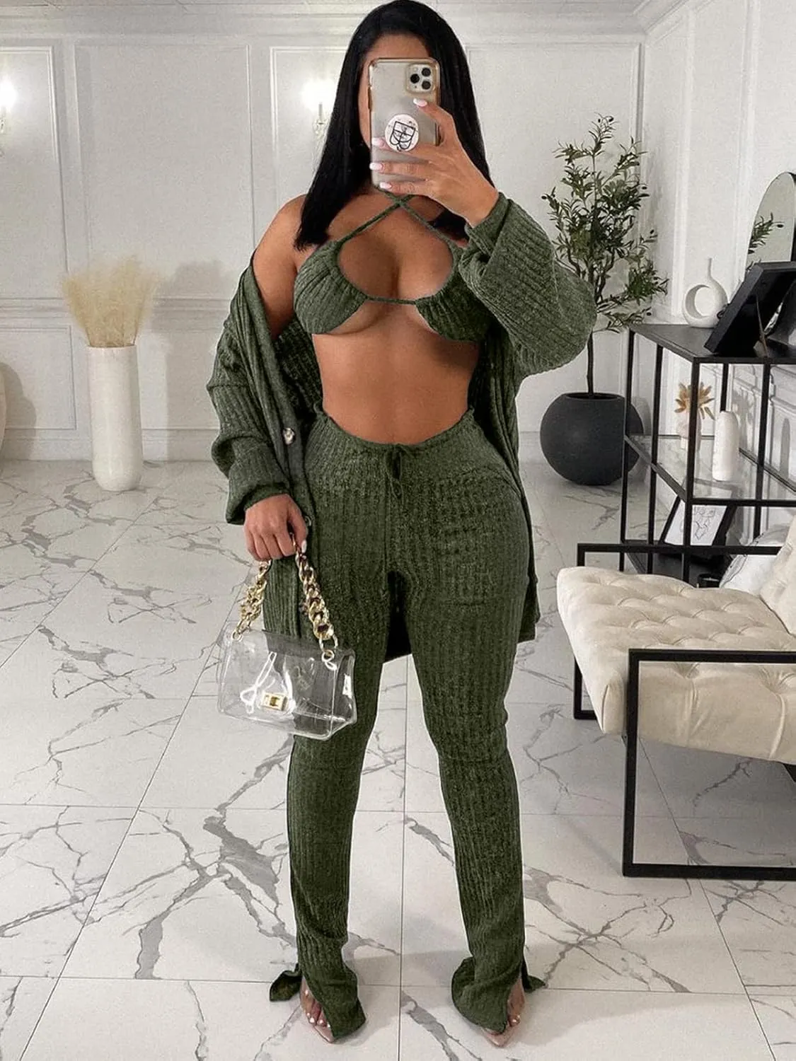 imbpceu Women's Sexy 3 Piece Outfits Button Front Cardigan Triangle Bra Drawstring Split Hem Pants Sets With Pocket