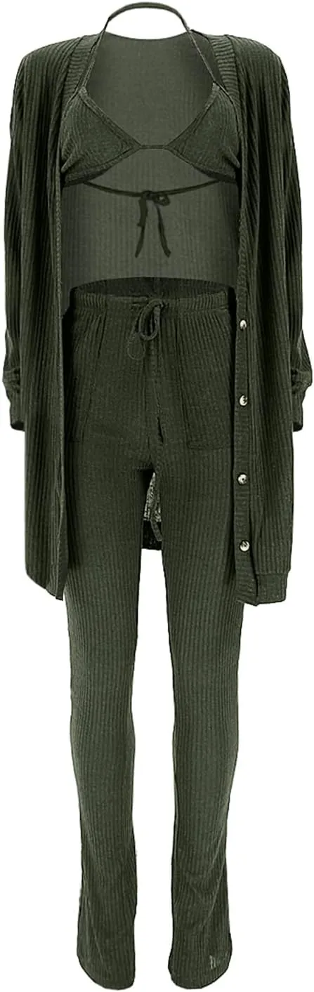 imbpceu Women's Sexy 3 Piece Outfits Button Front Cardigan Triangle Bra Drawstring Split Hem Pants Sets With Pocket