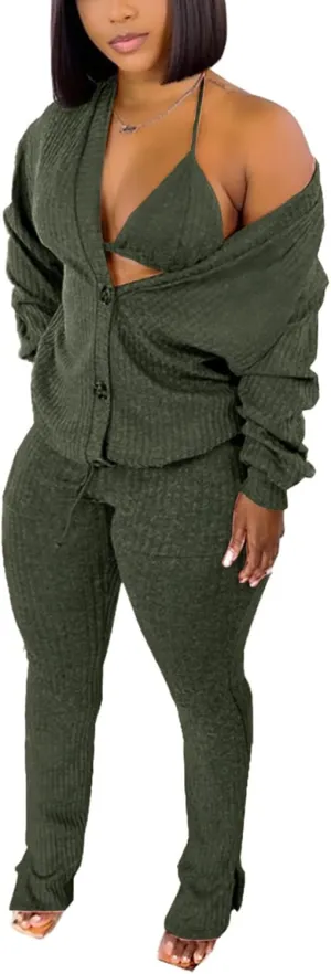imbpceu Women's Sexy 3 Piece Outfits Button Front Cardigan Triangle Bra Drawstring Split Hem Pants Sets With Pocket