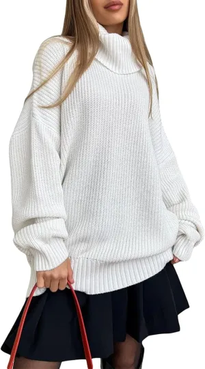 iTranyee Women Casual High Neck Loose Fit Sweater Trendy Mock Neck Long Sleeve Knitwear Turtle Neck Oversized Sweater