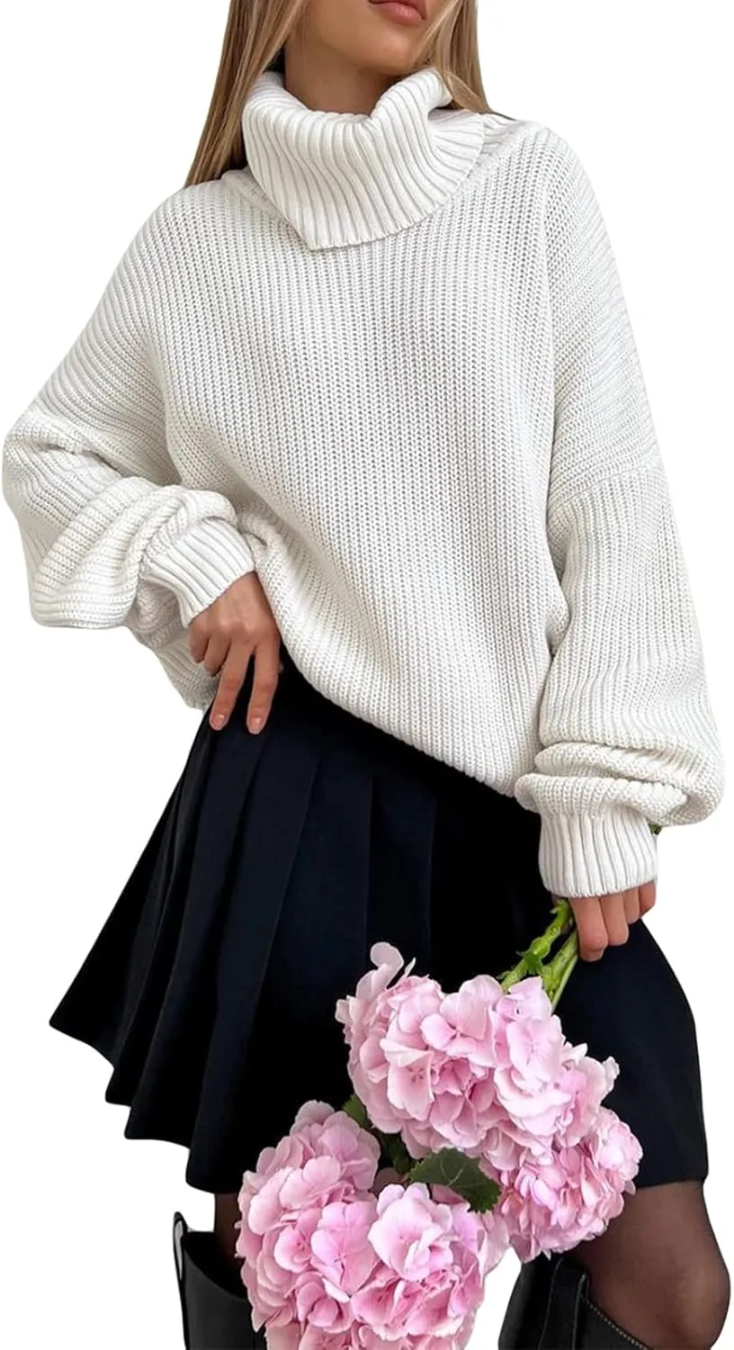 iTranyee Women Casual High Neck Loose Fit Sweater Trendy Mock Neck Long Sleeve Knitwear Turtle Neck Oversized Sweater