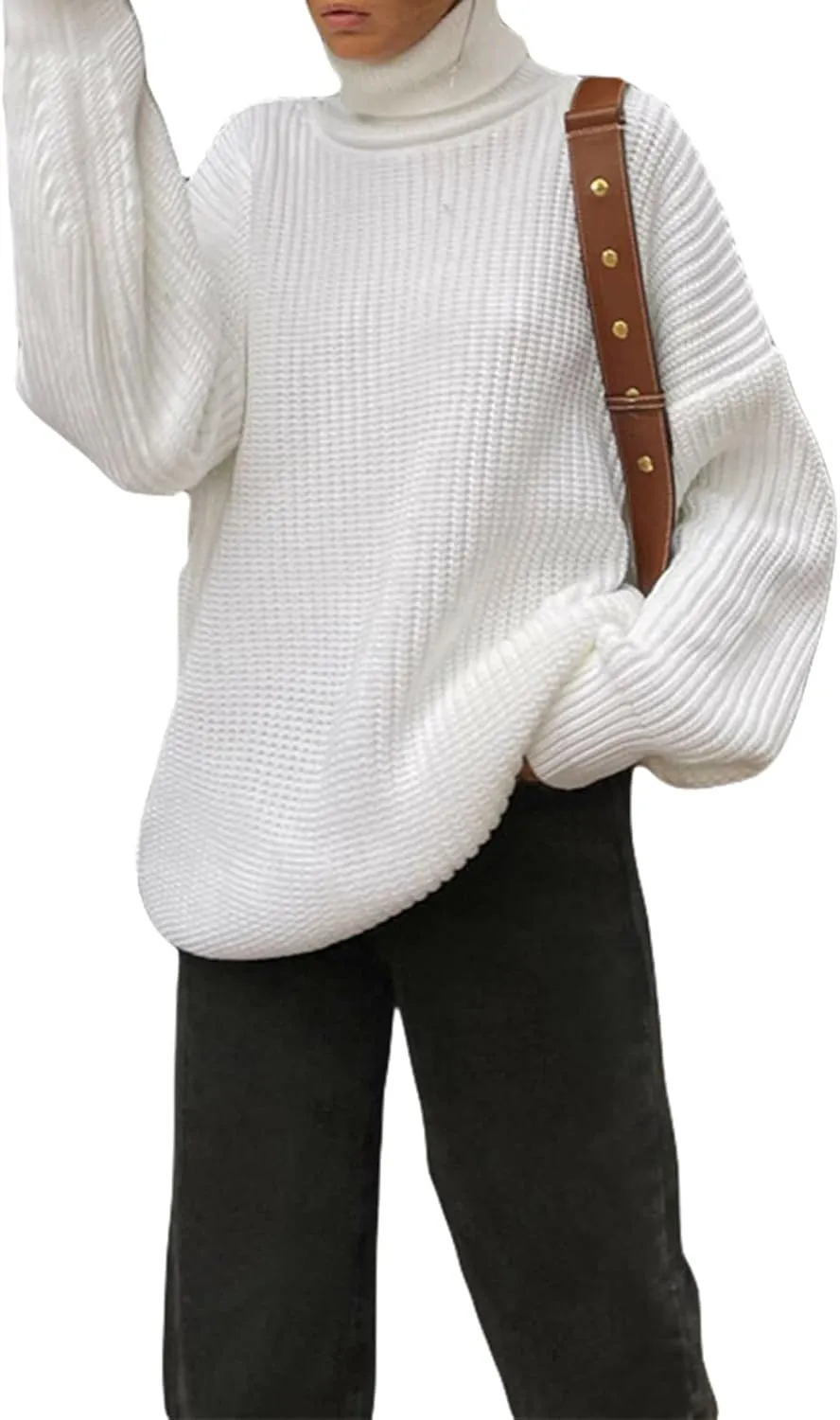 iTranyee Women Casual High Neck Loose Fit Sweater Trendy Mock Neck Long Sleeve Knitwear Turtle Neck Oversized Sweater