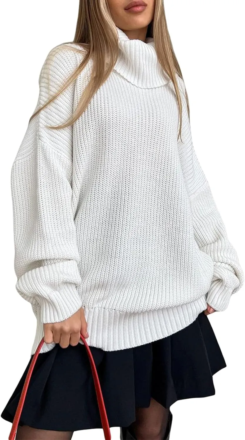 iTranyee Women Casual High Neck Loose Fit Sweater Trendy Mock Neck Long Sleeve Knitwear Turtle Neck Oversized Sweater