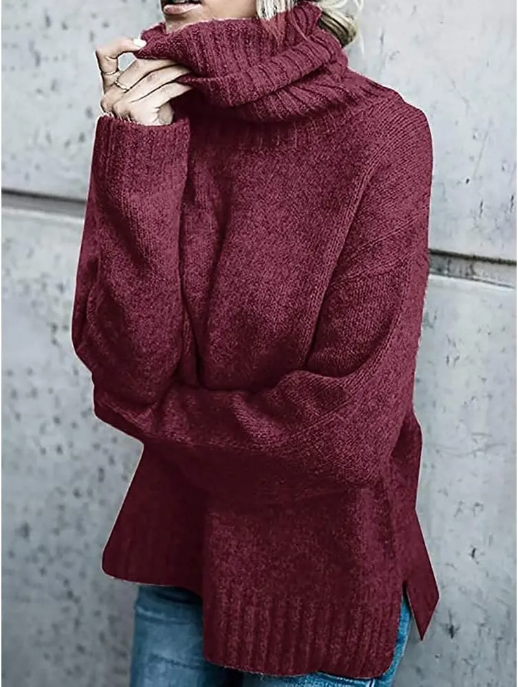 Janepam Womens Sweater Jumper Turtleneck Solid Color Plain Knitted Tops Oversized Cut-Out Side Hem Slit Pullover Knitwear