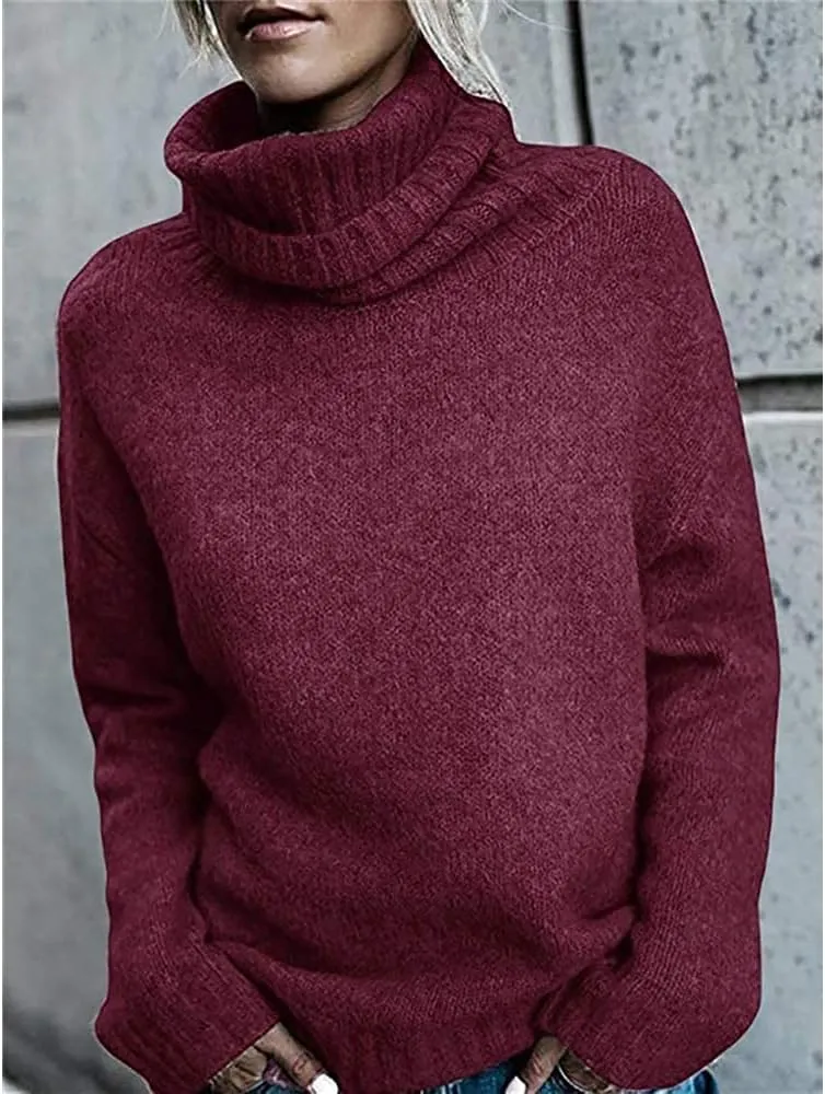 Janepam Womens Sweater Jumper Turtleneck Solid Color Plain Knitted Tops Oversized Cut-Out Side Hem Slit Pullover Knitwear