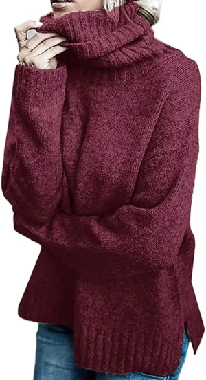 Janepam Womens Sweater Jumper Turtleneck Solid Color Plain Knitted Tops Oversized Cut-Out Side Hem Slit Pullover Knitwear