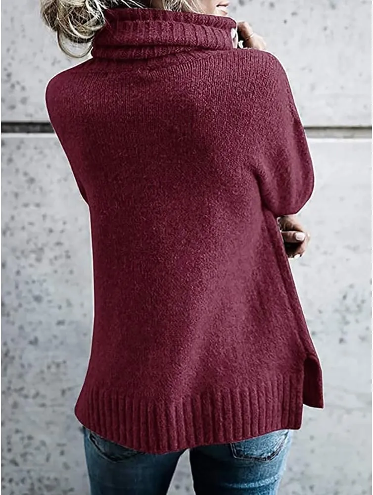 Janepam Womens Sweater Jumper Turtleneck Solid Color Plain Knitted Tops Oversized Cut-Out Side Hem Slit Pullover Knitwear