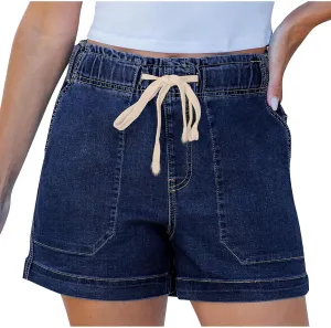 Jean Shorts Womens Casual Summer Wide Leg Denim Shorts Baggy Comfy Elastic Waist Jorts Stretch Twill Pull On Jorts