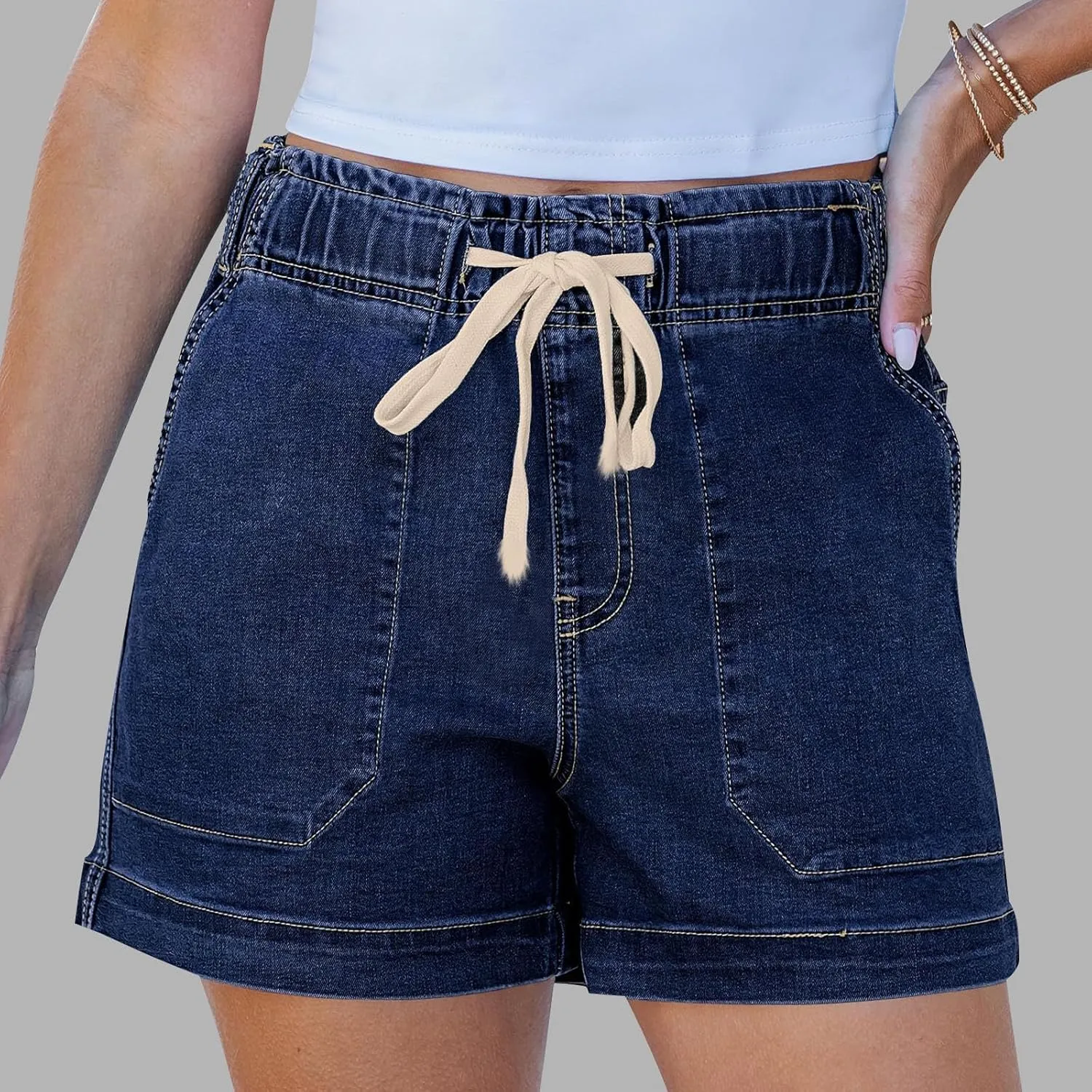 Jean Shorts Womens Casual Summer Wide Leg Denim Shorts Baggy Comfy Elastic Waist Jorts Stretch Twill Pull On Jorts