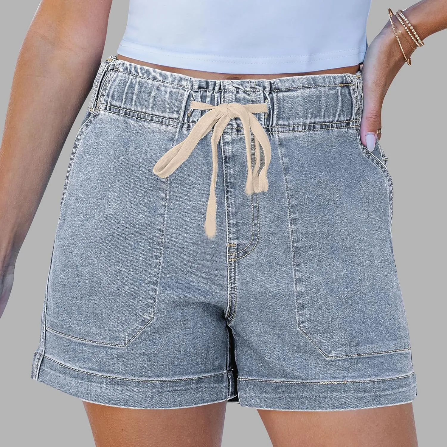 Jean Shorts Womens Casual Summer Wide Leg Denim Shorts Baggy Comfy Elastic Waist Jorts Stretch Twill Pull On Jorts