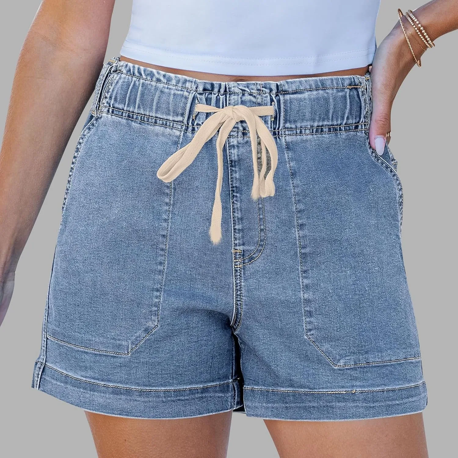 Jean Shorts Womens Casual Summer Wide Leg Denim Shorts Baggy Comfy Elastic Waist Jorts Stretch Twill Pull On Jorts
