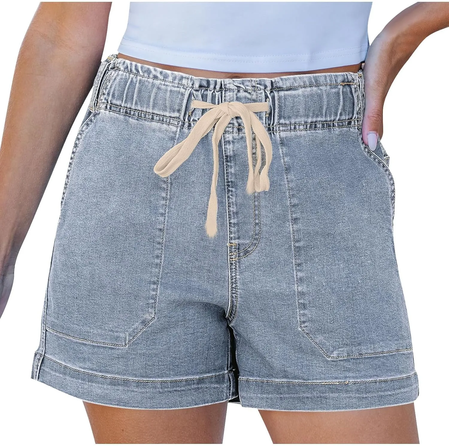 Jean Shorts Womens Casual Summer Wide Leg Denim Shorts Baggy Comfy Elastic Waist Jorts Stretch Twill Pull On Jorts