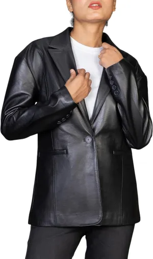 Jild Oversized Lambskin Leather Blazer Women - Business Casual Coat Plus Size Leather Jacket Women
