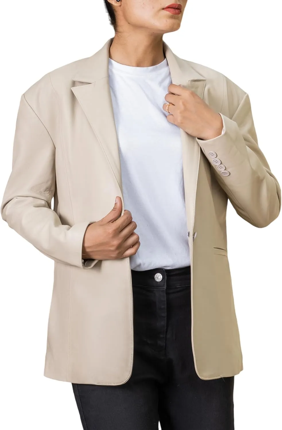 Jild Oversized Lambskin Leather Blazer Women - Business Casual Coat Plus Size Leather Jacket Women