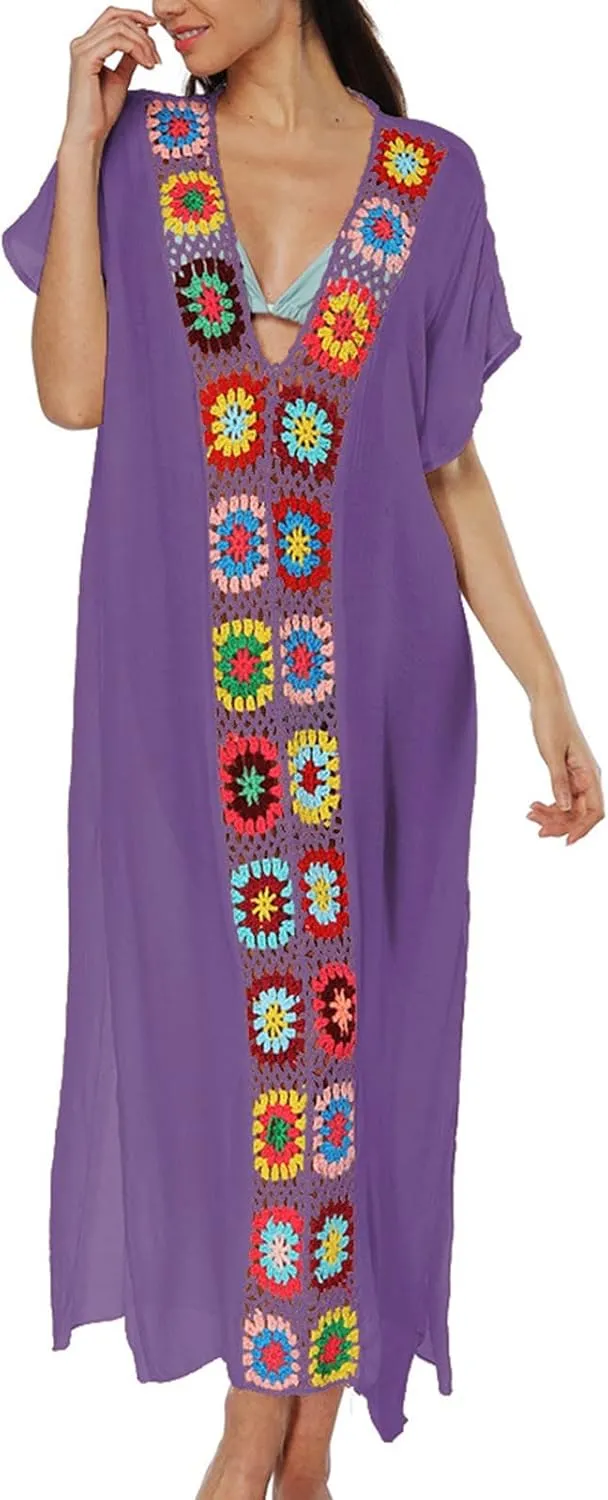 Kaftan Dresses for Women Plus Size Lightweight Swimsuit Cover up Batwing Sleeve Print Loungewear Beach Robe