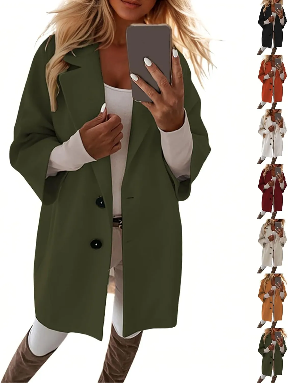 Lapel Pea Coats for Women Trendy Button 3/4 Sleeve Coats Winter Double Breasted Wool Coats with Pockets