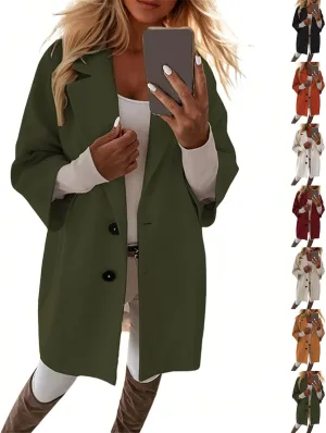Lapel Pea Coats for Women Trendy Button 3/4 Sleeve Coats Winter Double Breasted Wool Coats with Pockets