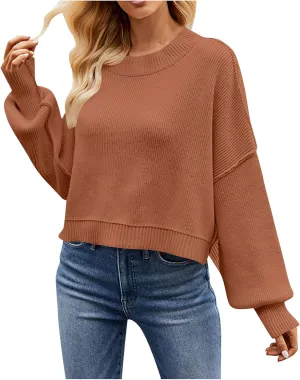 Lastesso Fall Sweaters for Women 2024 Chunky Fall Winter Vintage Sweater Cropped Long Sleeve Scoop Neck Knit Pullover Tops