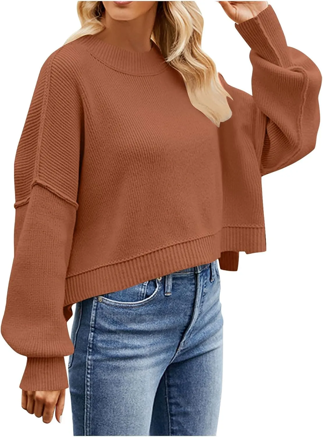 Lastesso Fall Sweaters for Women 2024 Chunky Fall Winter Vintage Sweater Cropped Long Sleeve Scoop Neck Knit Pullover Tops