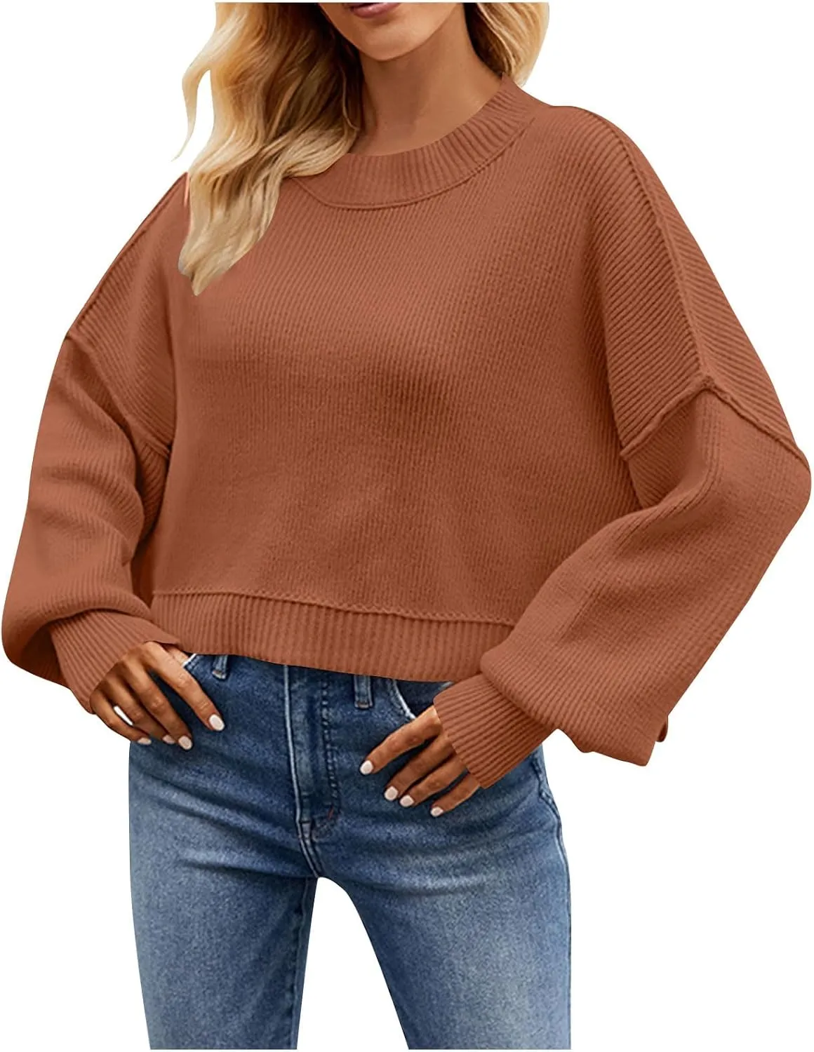 Lastesso Fall Sweaters for Women 2024 Chunky Fall Winter Vintage Sweater Cropped Long Sleeve Scoop Neck Knit Pullover Tops