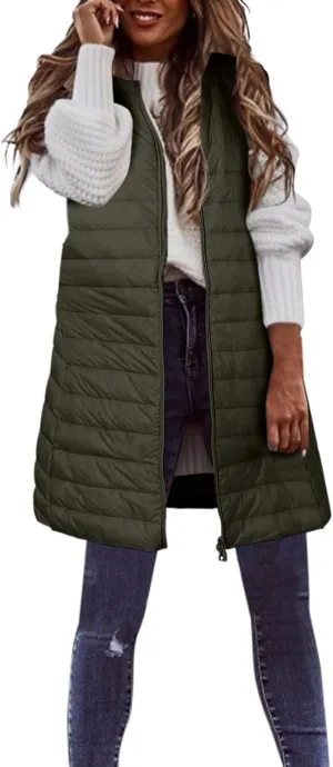 LCMTWX Puffer Jacket Womens European and American Cotton Jackets Color Stand-up Collar Zipper Women's Long Puffer Vest