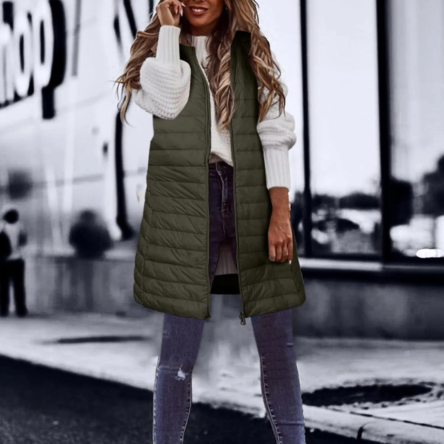 LCMTWX Puffer Jacket Womens European and American Cotton Jackets Color Stand-up Collar Zipper Women's Long Puffer Vest