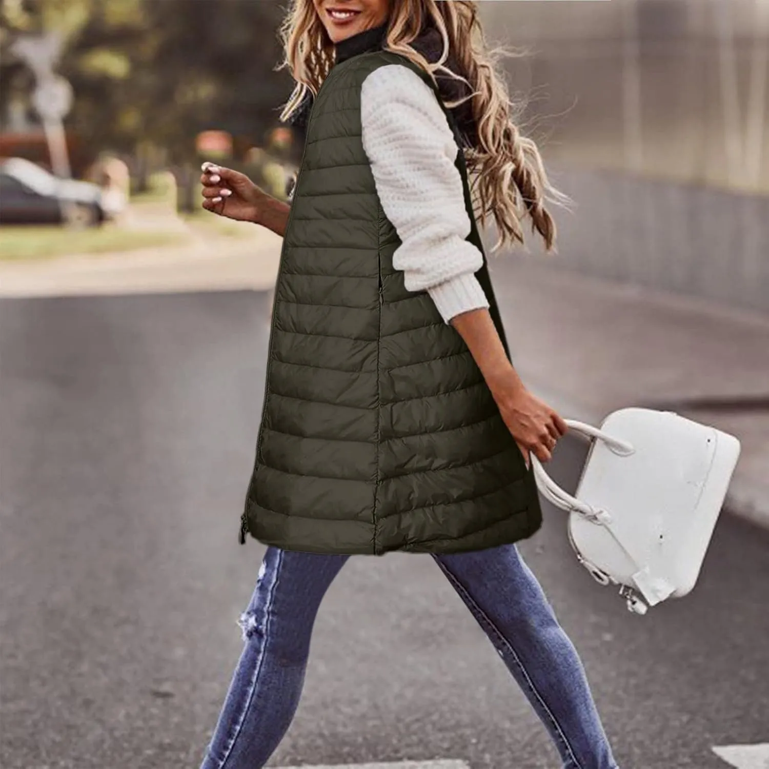 LCMTWX Puffer Jacket Womens European and American Cotton Jackets Color Stand-up Collar Zipper Women's Long Puffer Vest