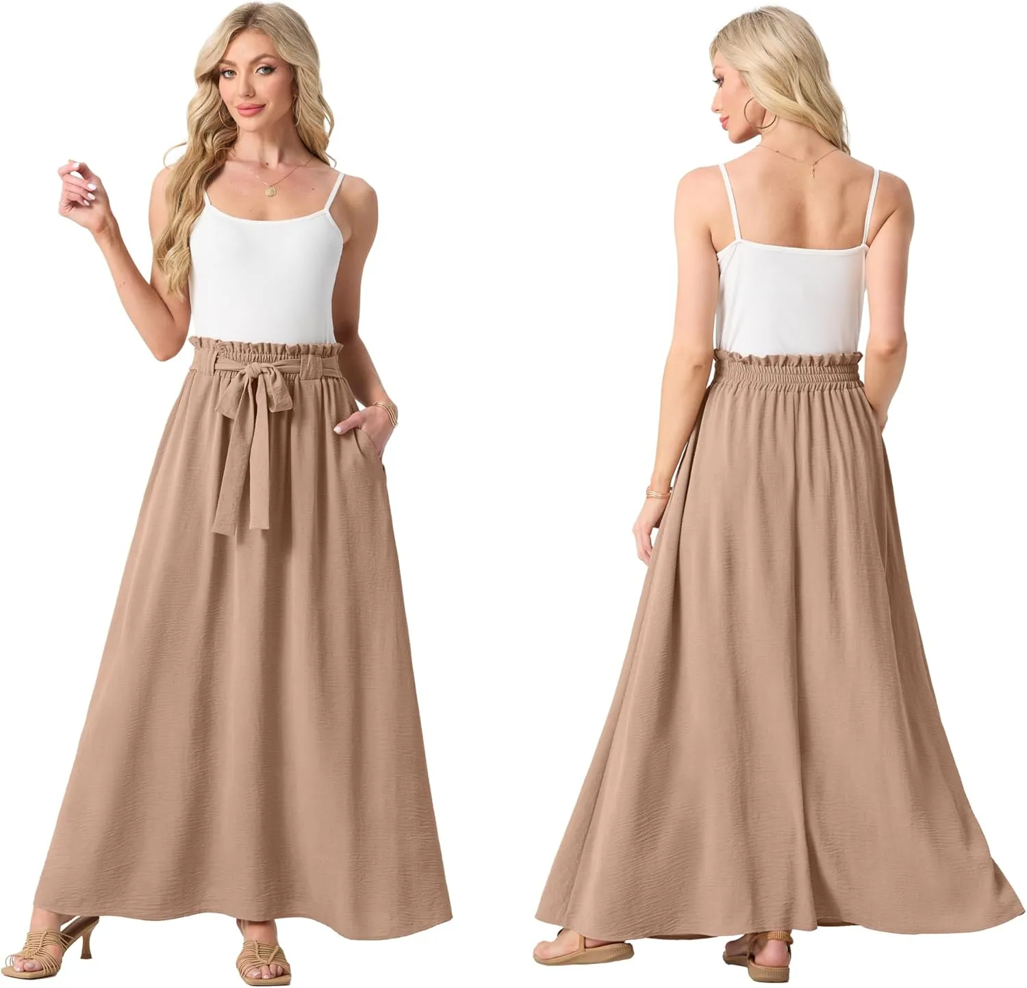 Lepunuo Womens Maxi Skirts Casual Boho Elastic High Waisted Flowy Long Skirts Trendy Floral Cute Skirts with Pockets