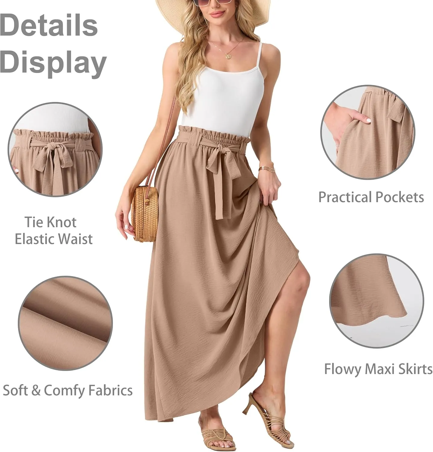 Lepunuo Womens Maxi Skirts Casual Boho Elastic High Waisted Flowy Long Skirts Trendy Floral Cute Skirts with Pockets