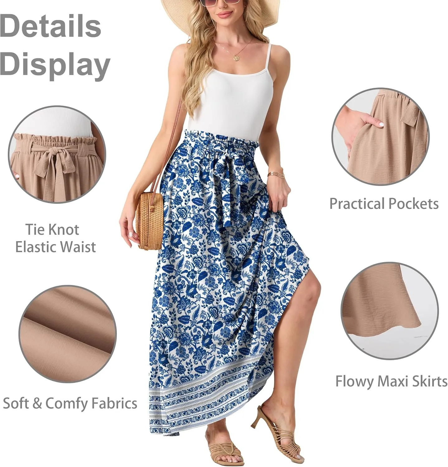 Lepunuo Womens Maxi Skirts Casual Boho Elastic High Waisted Flowy Long Skirts Trendy Floral Cute Skirts with Pockets