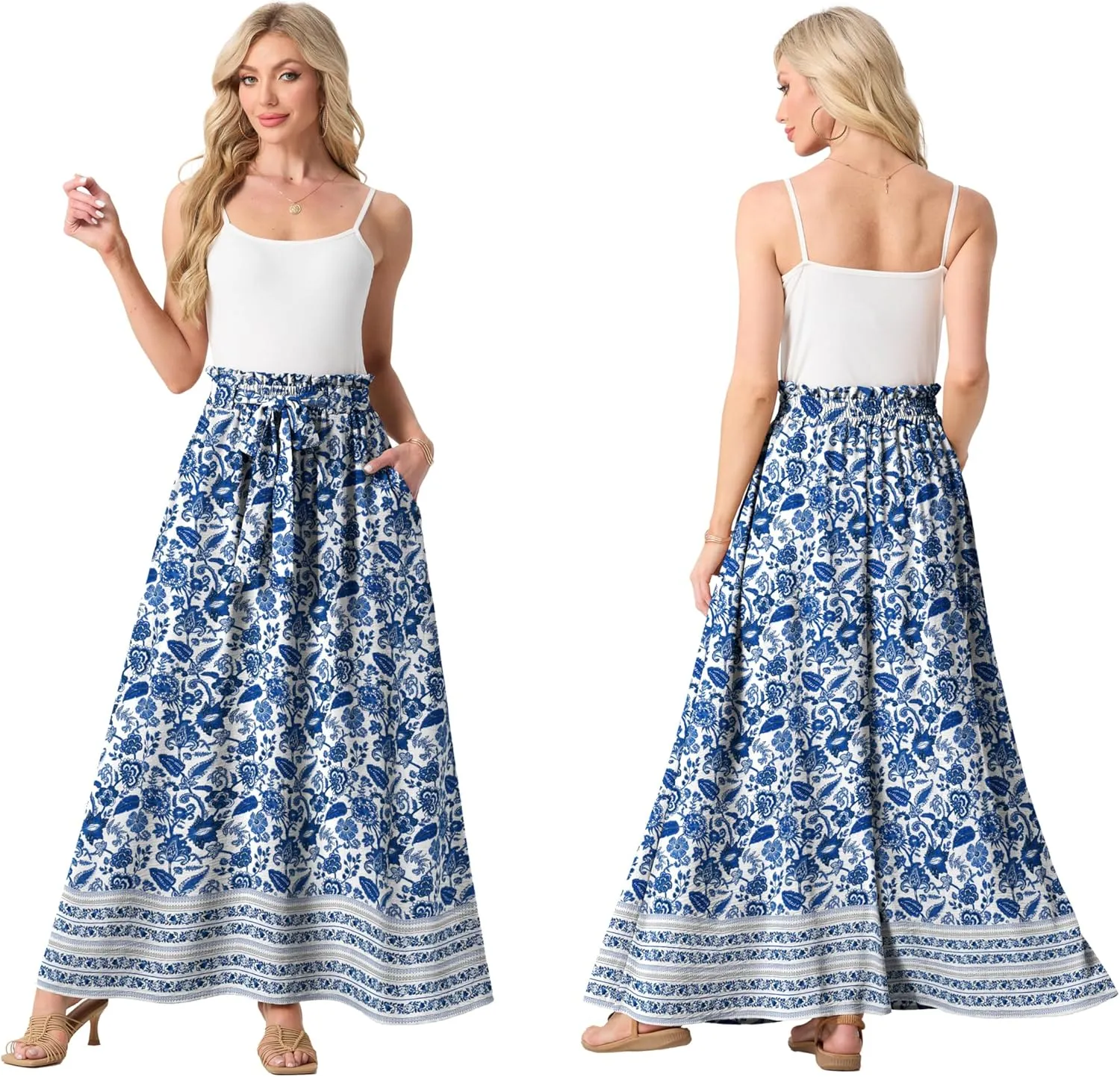 Lepunuo Womens Maxi Skirts Casual Boho Elastic High Waisted Flowy Long Skirts Trendy Floral Cute Skirts with Pockets