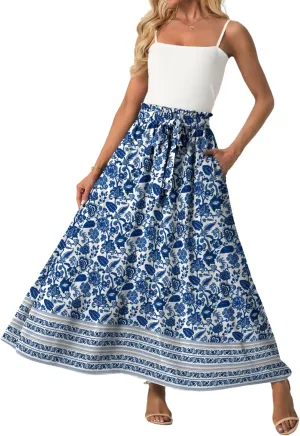 Lepunuo Womens Maxi Skirts Casual Boho Elastic High Waisted Flowy Long Skirts Trendy Floral Cute Skirts with Pockets
