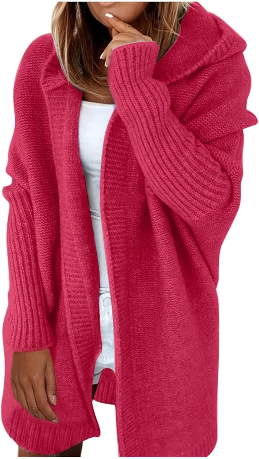 Light Weight Cardigan Women Open Front Knit Long Batwing Sleeve Sweater Chunky Cable Boho Pockets Coat