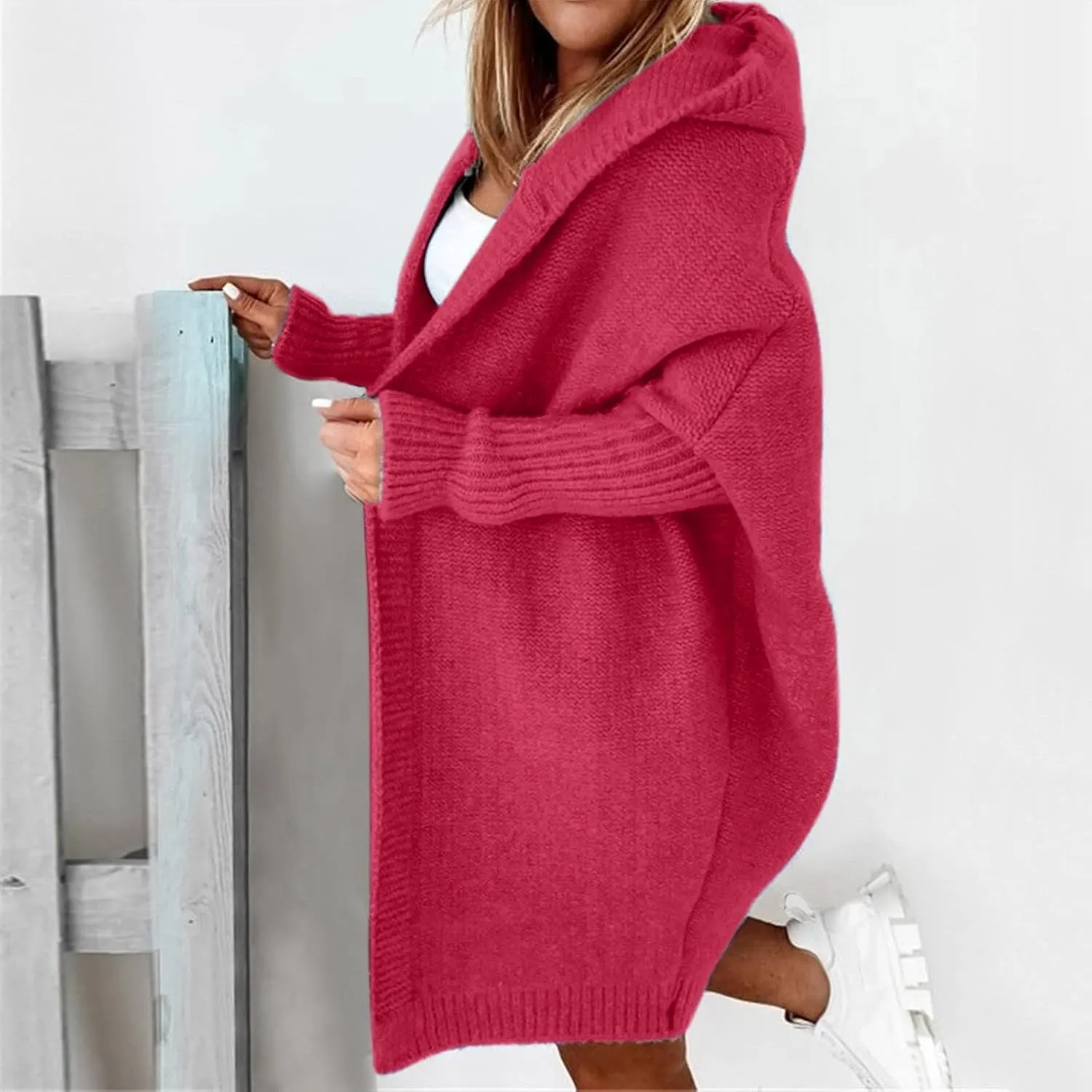 Light Weight Cardigan Women Open Front Knit Long Batwing Sleeve Sweater Chunky Cable Boho Pockets Coat