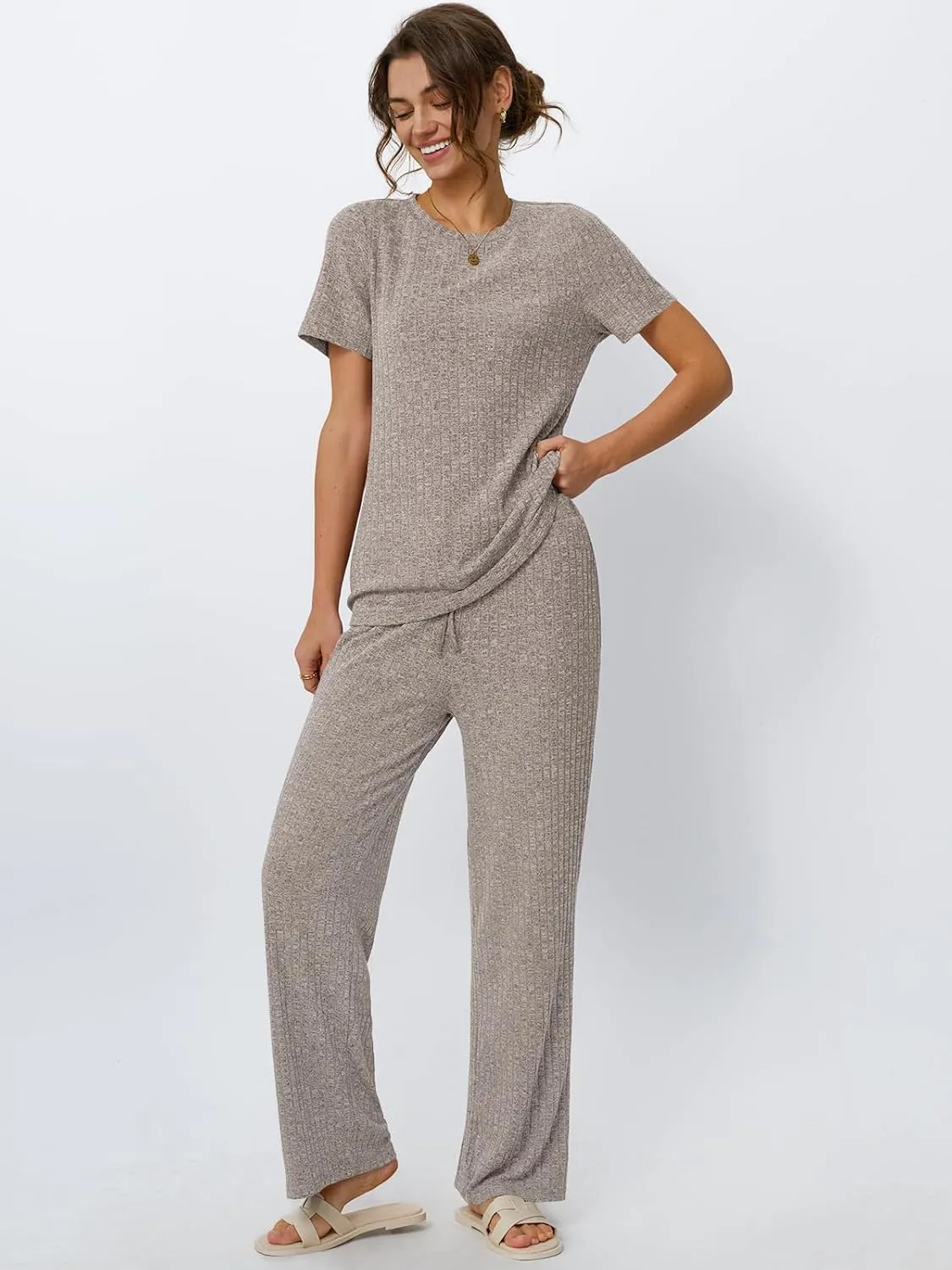 LILLUSORY 2 Piece Lounge Sets for Women Matching Summer Outfits Casual Ribbed Knit Pajamas Wide Leg Pants Trendy Clothes 2025
